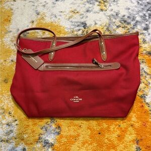 Coach Sawyer Tote Polyester Red Twill Brown Leather
